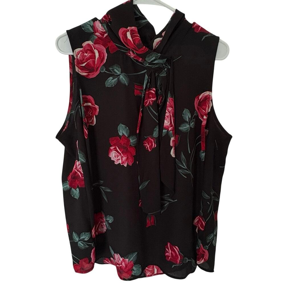Torrid Boho Floral Sleeveless Blouse Tie Neck Chiffon L Black Red Whimsigoth